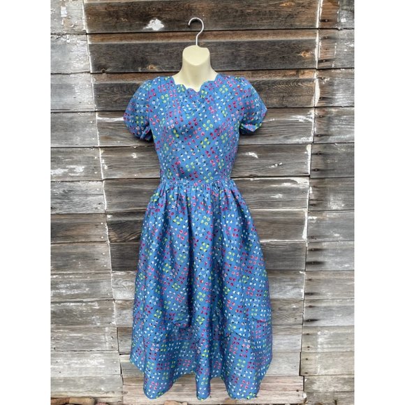 Vintage 1930s Novelty Print Cherries Fruit Blue Dress - Picture 1 of 12